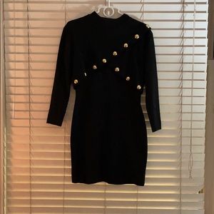Wool Black Sweater Dress with Gold Buttons